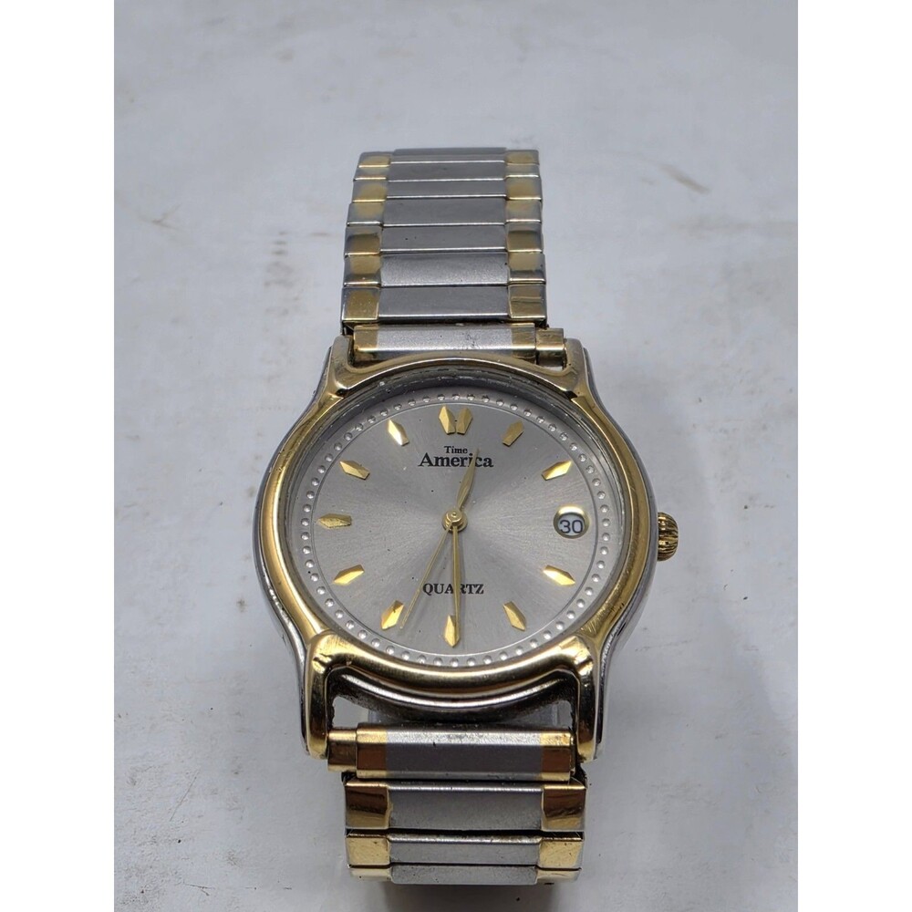 Time America Quartz Watch Two Tone Stretch Band Date OSRAM Sylvania Vintage